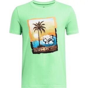Kids Under Armour Graphic T Shirt Palm Tree Beach Sunset Green Short Sleeve YXL